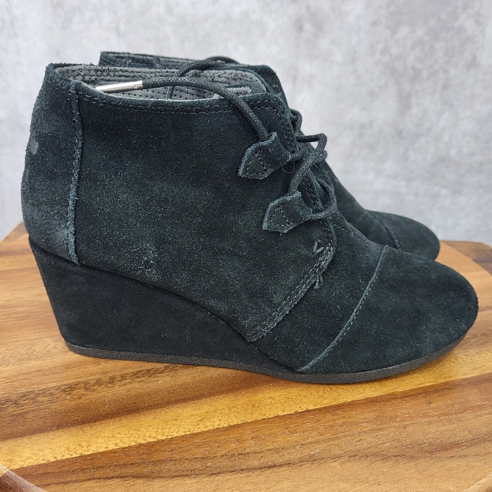 Toms Wedge Ankle Boots Womens 9.5 Desert Black Suede Leather Hi Top Booties‎